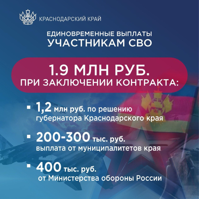 Контрактники от Краснодарского края получат до 1,9 млн рублей