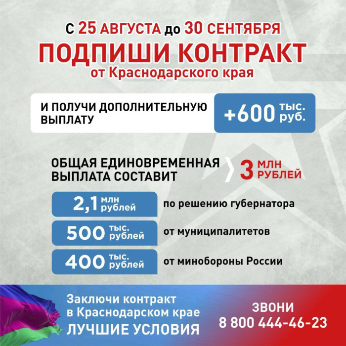 3 млн рублей получат заключившие контракт от Краснодарского края с 25 августа до 30 сентября 2025 года 3 млн рублей получат заключившие контракт от Краснодарского края с 25 августа до 30 сентября 2025 года