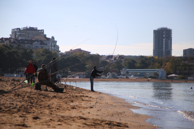На просторных геленджикских пляжах рыбак рыбака видит издалека